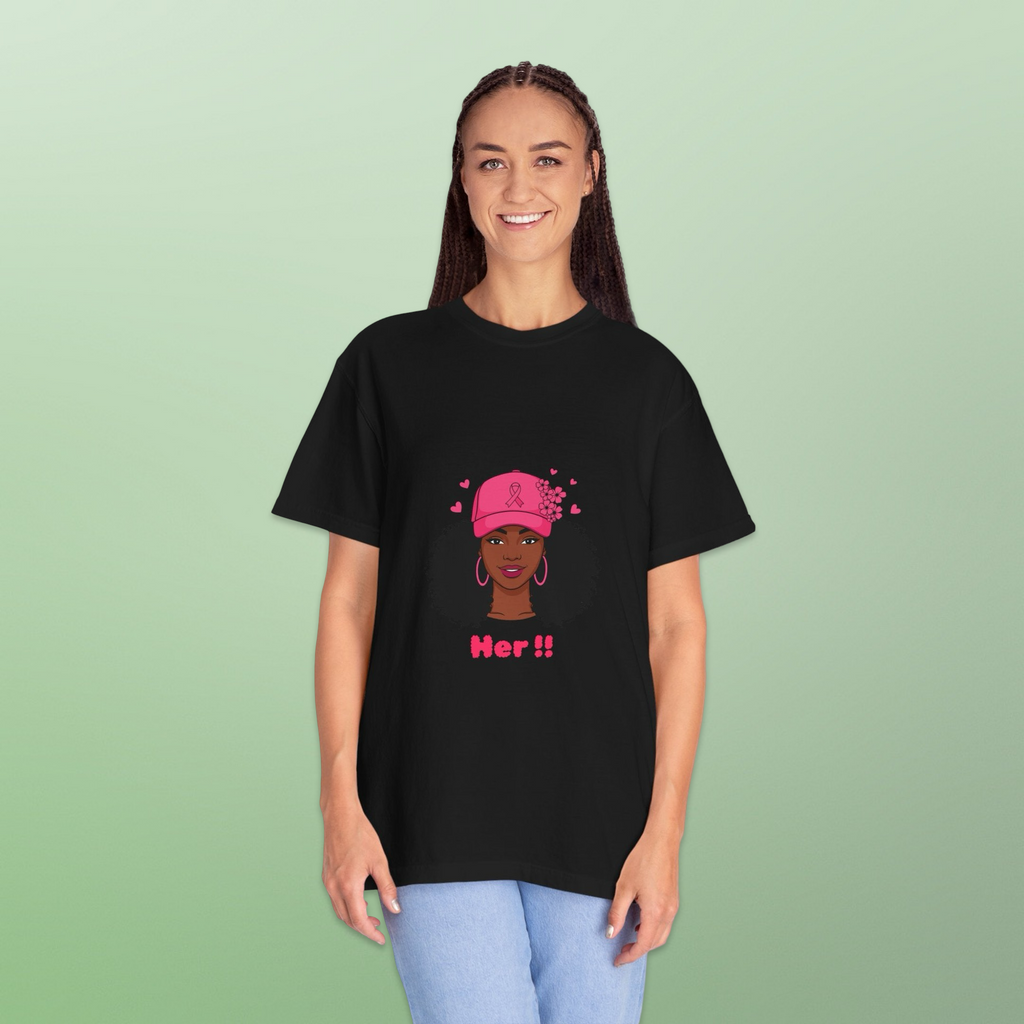 Her!! Black Girl Magic Graphic T‑Shirt — Afro Puff Hat Illustration