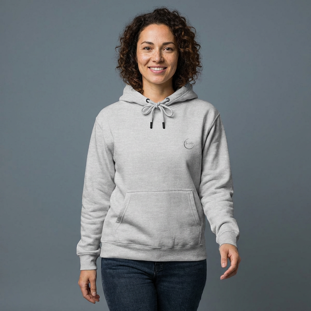 Minimal Embroidered Crescent Hoodie — Lightweight Fleece Pullover