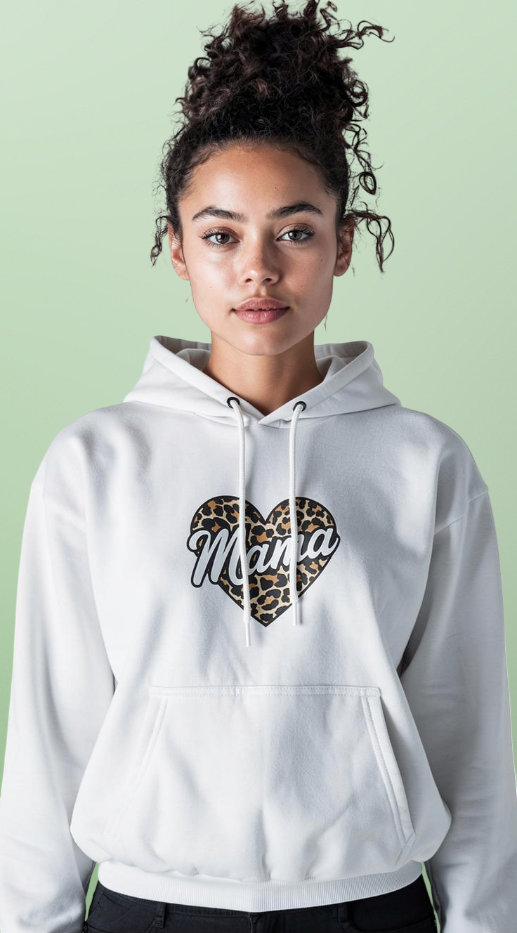 Mama Leopard Heart Hoodie — Cozy Fleece Pullover for Moms