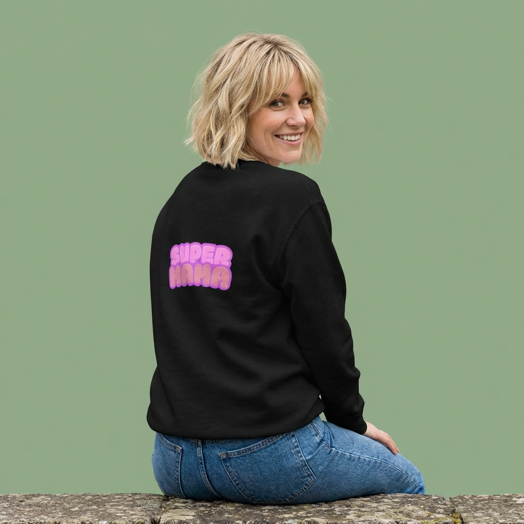 Crewneck Sweatshirt — Cute 'Super Mama' Pink Bubble Back Graphic