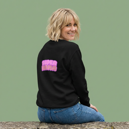 Crewneck Sweatshirt — Cute 'Super Mama' Pink Bubble Back Graphic