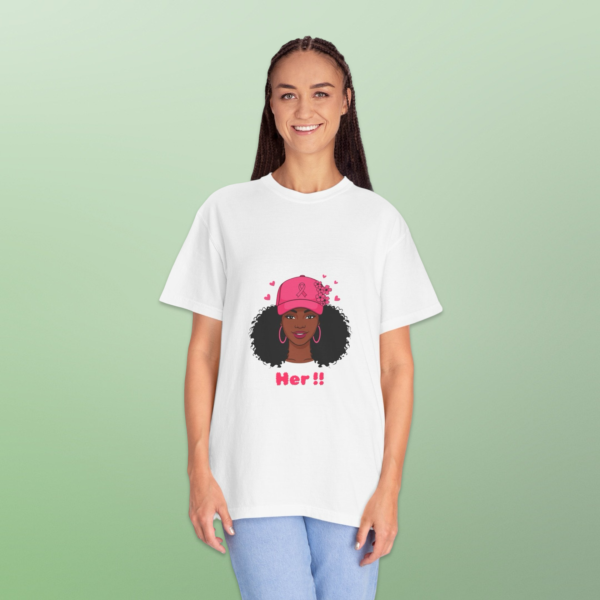 Her!! Black Girl Magic Graphic T‑Shirt — Afro Puff Hat Illustration