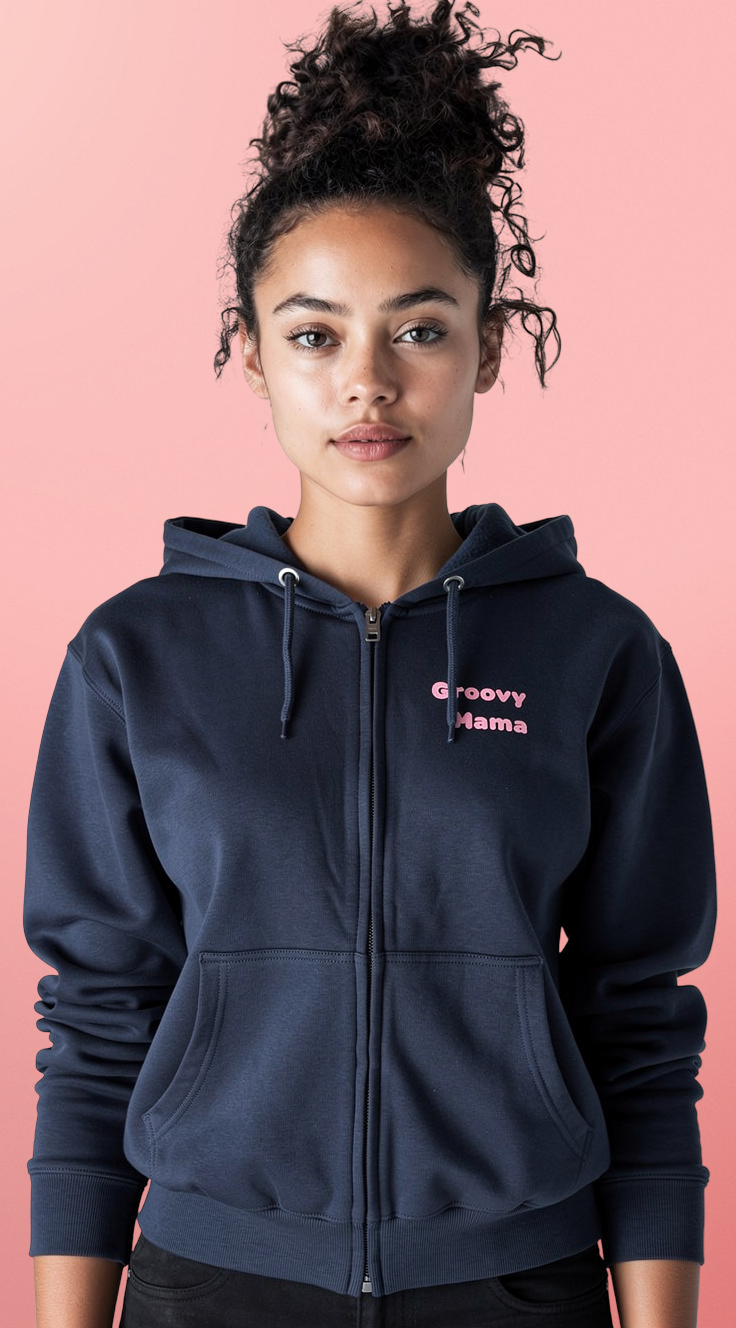 Groovy Mama Zip Hoodie — Retro Flower Graphic Zip-Up for Moms