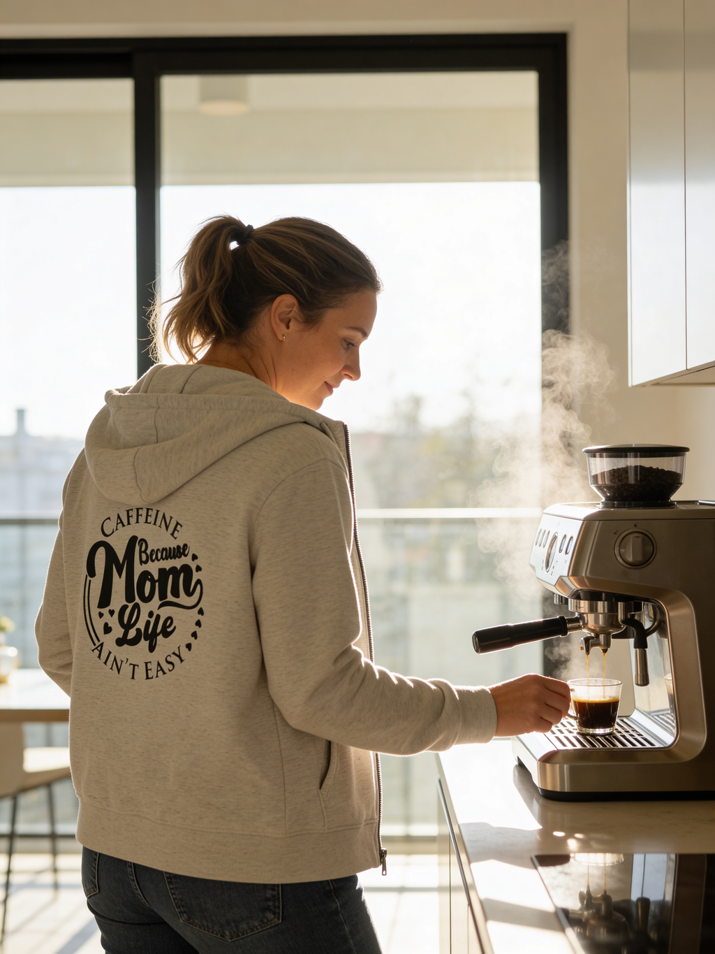 Mom Life Zip Hoodie — “Caffeine Because Mom Life Ain’t Easy” Graphic