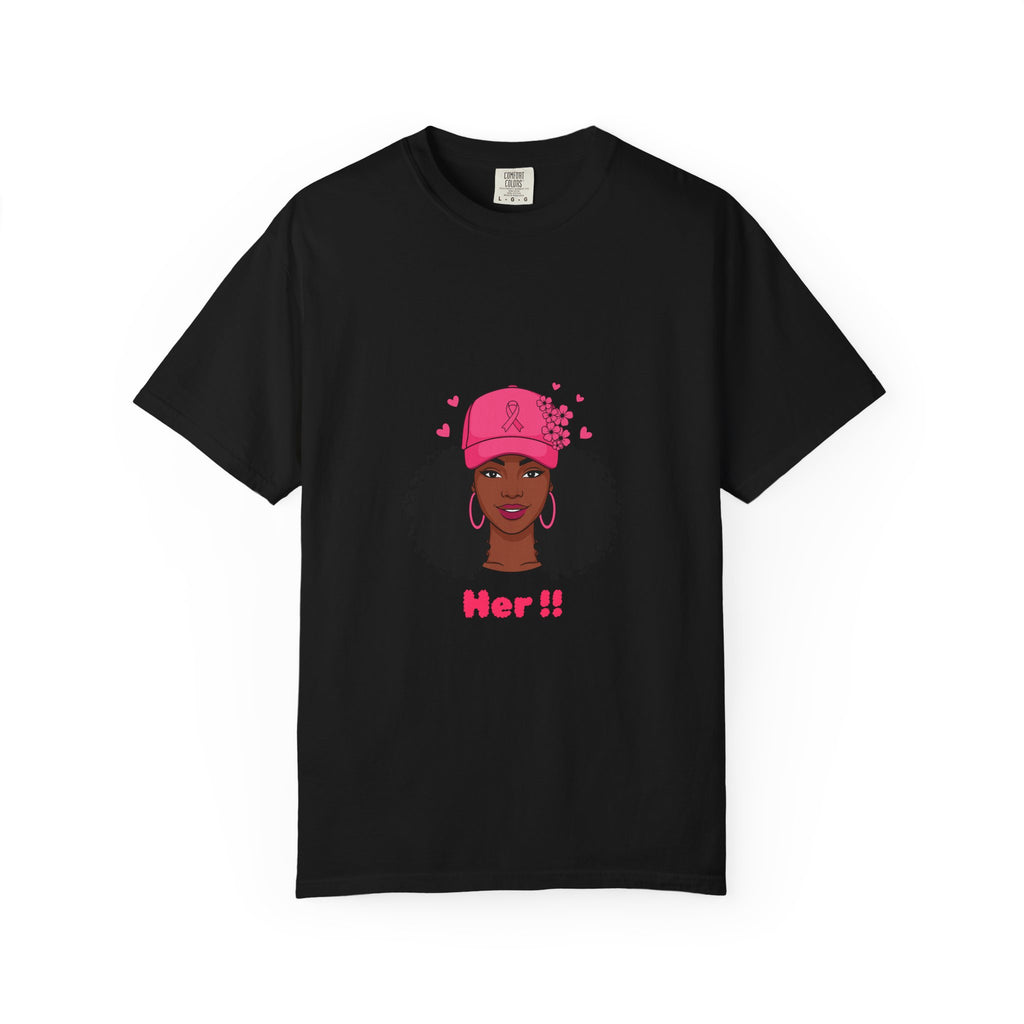 Her!! Black Girl Magic Graphic T‑Shirt — Afro Puff Hat Illustration