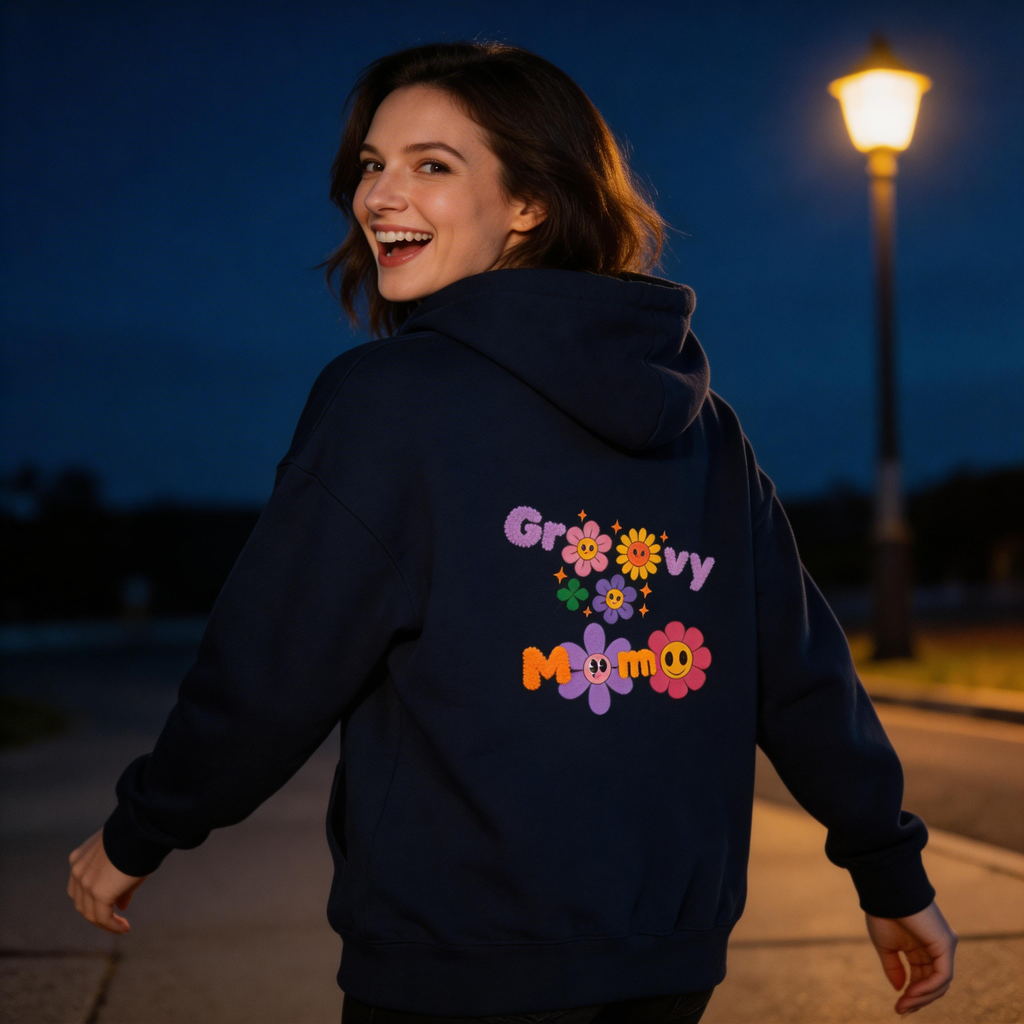 Groovy Mama Zip Hoodie — Retro Flower Graphic Zip-Up for Moms