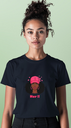 Her!! Black Girl Magic Graphic T‑Shirt — Afro Puff Hat Illustration